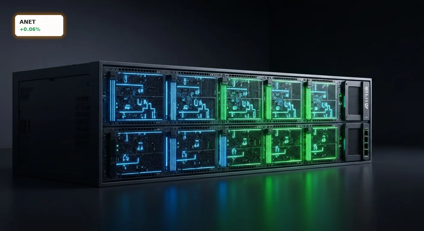 Arista Networks Netzwerk-Switch in einem futuristischen Rechenzentrum, symbolisiert die Arista Networks Quartalszahlen.