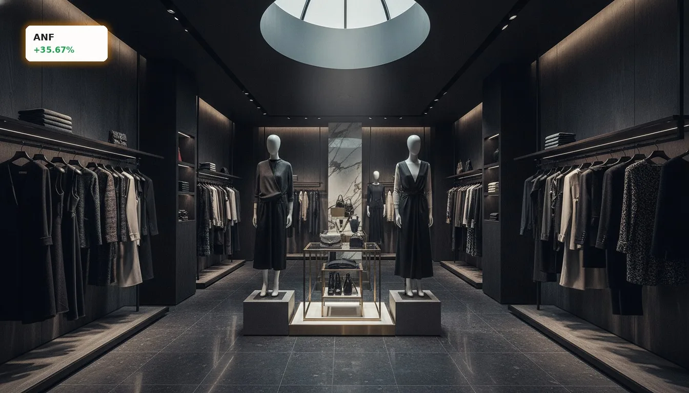 Abercrombie & Fitch Quartal: Rekordumsatz lässt Aktie um 35% explodieren 4 Modernes Ladenlokal von Abercrombie & Fitch mit stilvollen Kleidern und eleganter Präsentation nach starkem Quartal.