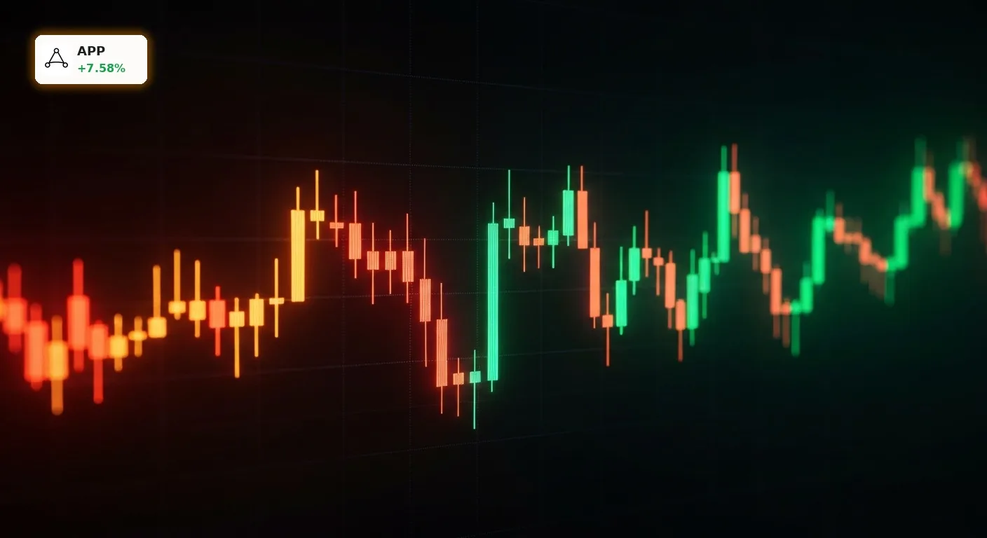 Stilisierter Candlestick-Chart mit starkem Kursrückgang und anschließender Erholung, der die AppLovin Quartalszahlen widerspiegelt.