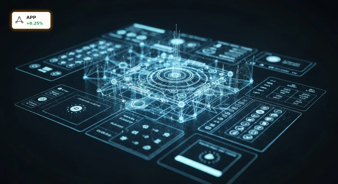 Holografische Visualisierung eines komplexen KI-Modells für mobile Werbung, das AppLovin Quartal und Technologie darstellt.