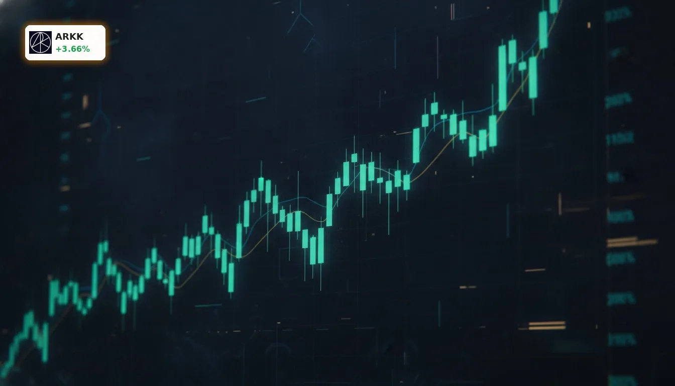 Stilisierter grüner Candlestick-Chart, der eine positive ARK Innovation ETF Performance und Rallye darstellt.