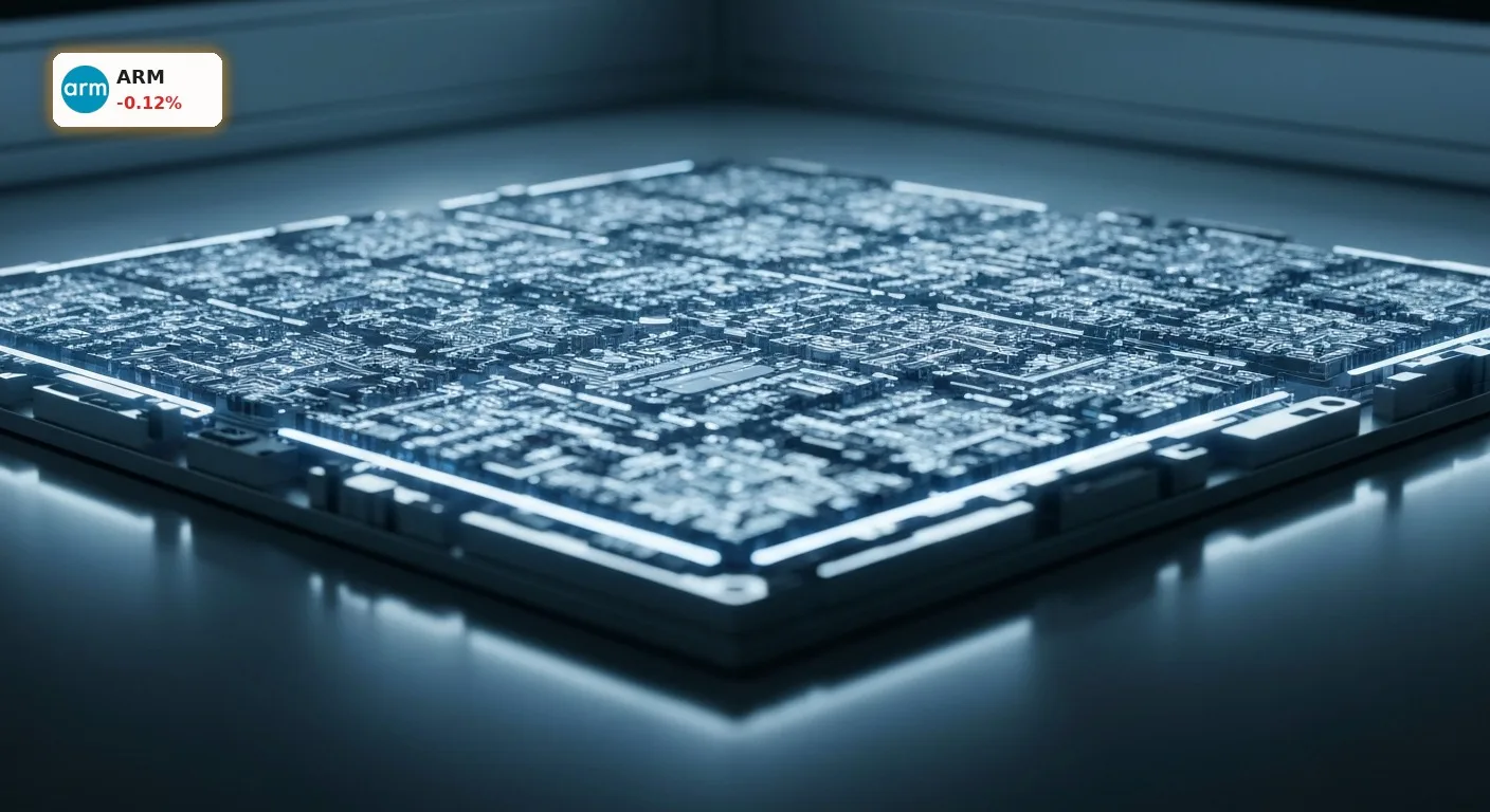 Nahaufnahme einer leuchtenden Silizium-Wafer oder Mikroprozessor-Architektur, die die AGI CPU-Technologie von Arm Holdings Quartal symbolisiert.