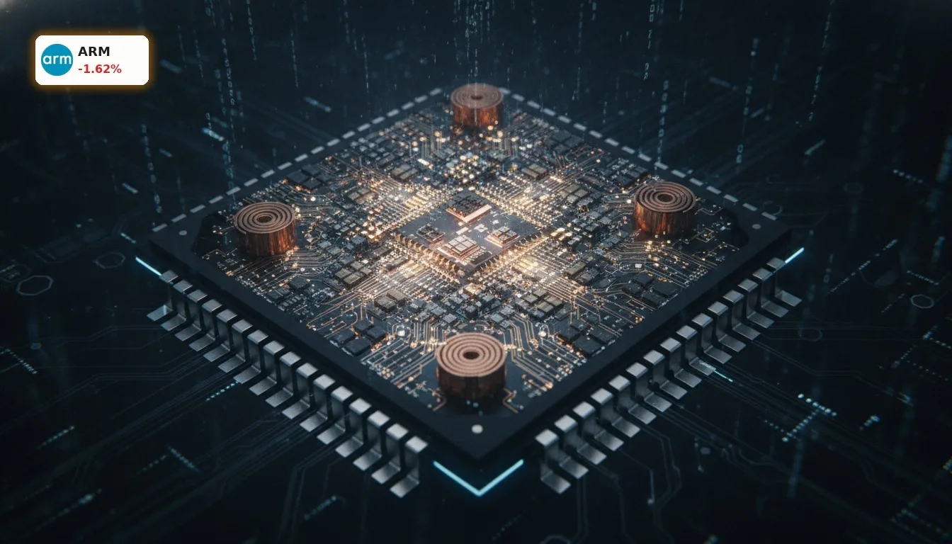 Detailaufnahme einer leuchtenden, komplexen ARM Prozessor-Chip-Architektur, symbolisch für die Arm Holdings Analyse.