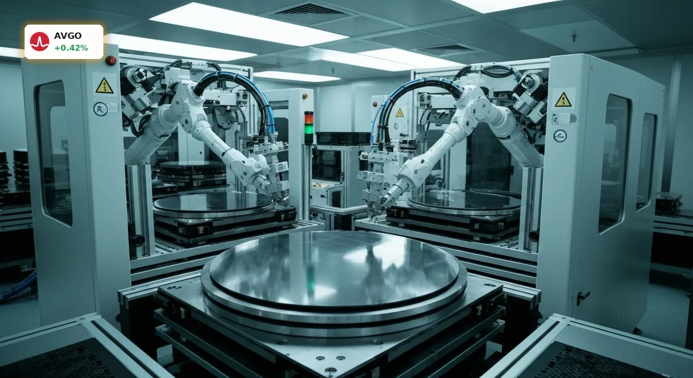 Broadcom Kundenverhalten: Anleger nehmen Gewinne mit – Marktpositionierung stark 3 Roboterarme bearbeiten einen Silizium-Wafer in einem Reinraum, symbolisierend das Broadcom Kundenverhalten und die Halbleiterproduktion.