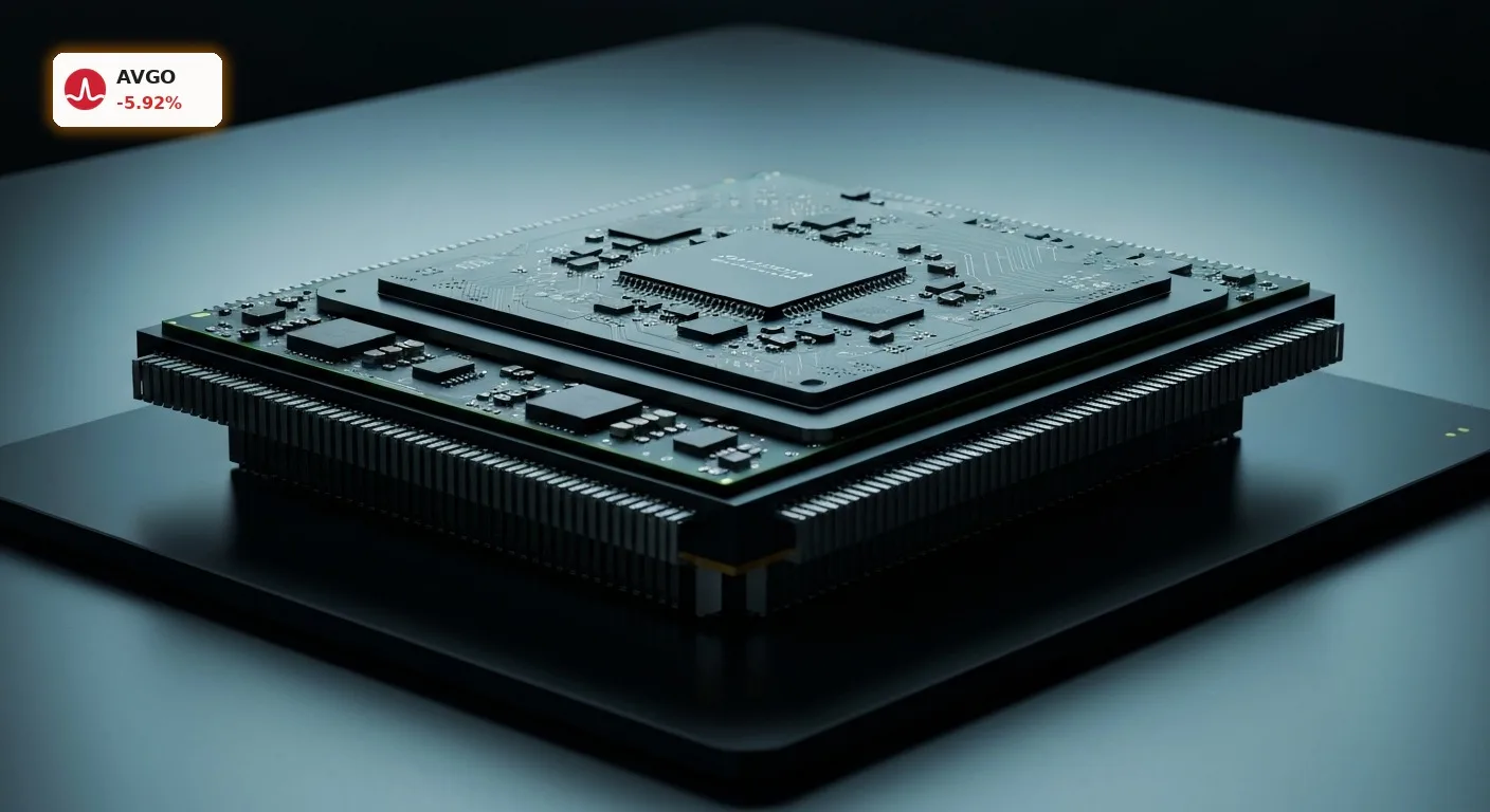 Broadcom KI-Chips: -5.9% Schock trotz Milliarden-Prognose und Wachstum 3 Nahaufnahme eines hochmodernen Broadcom KI-Chips mit komplexen Schaltkreisen und Mikroarchitektur.