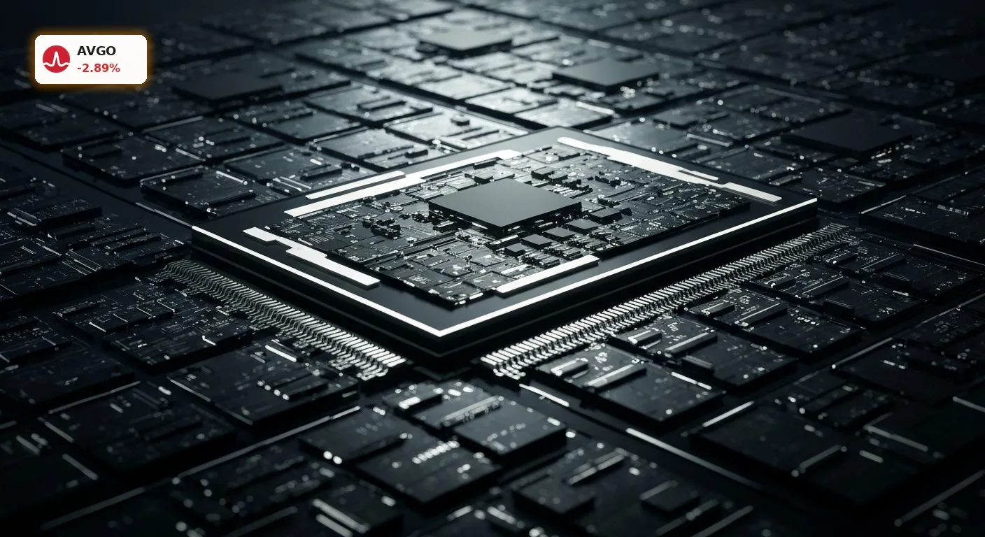 Broadcom Wachstumsprognose: Aktie fällt um 2,9% – Was steckt dahinter? 3 Nahaufnahme einer hochmodernen Silizium-Wafer-Architektur, symbolisch für Broadcom Wachstumsprognose und KI-Chips.