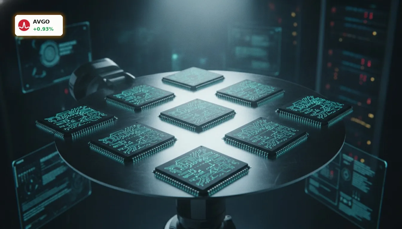 Broadcom Finanzierung: KI-Boom treibt Umsatz um 48% – Chance oder Risiko? 3 Nahaufnahme von Broadcom AI-Halbleiterchips auf einem Silizium-Wafer in einem futuristischen Labor, symbolisierend Broadcom Finanzierung.