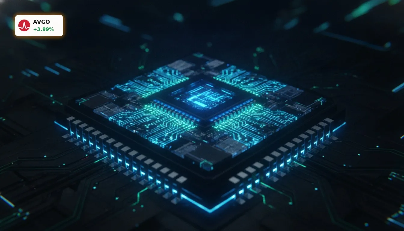 Broadcom Quartalszahlen: KI-Boom treibt Aktie um 4% in die Höhe 3 Detailaufnahme eines futuristischen, leuchtenden KI-Chips von Broadcom, der den KI-Boom symbolisiert und die Broadcom Quartalszahlen treibt.