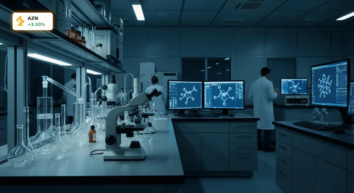 Modernes Pharmalabor bei Nacht, fokussiert auf Forschungsausrüstung, symbolisiert AstraZeneca Fusionsgespraeche und Entwicklung.