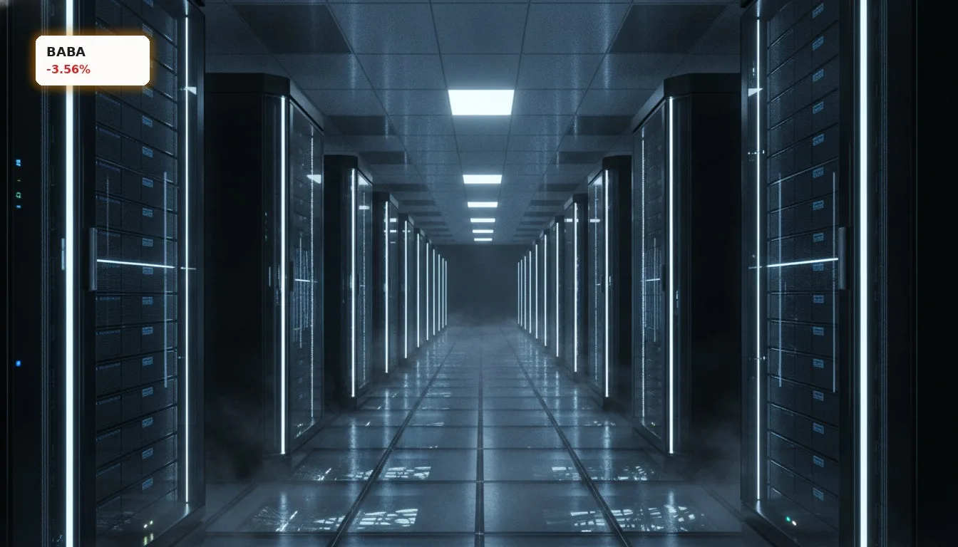 Alibaba Quartalszahlen: Gewinn bricht um 75% ein durch KI-Investitionen 4 Futuristisches Rechenzentrum mit leuchtenden Server-Racks, symbolisiert Alibabas massive KI-Investitionen und Cloud-Wachstum bei den Quartalszahlen.