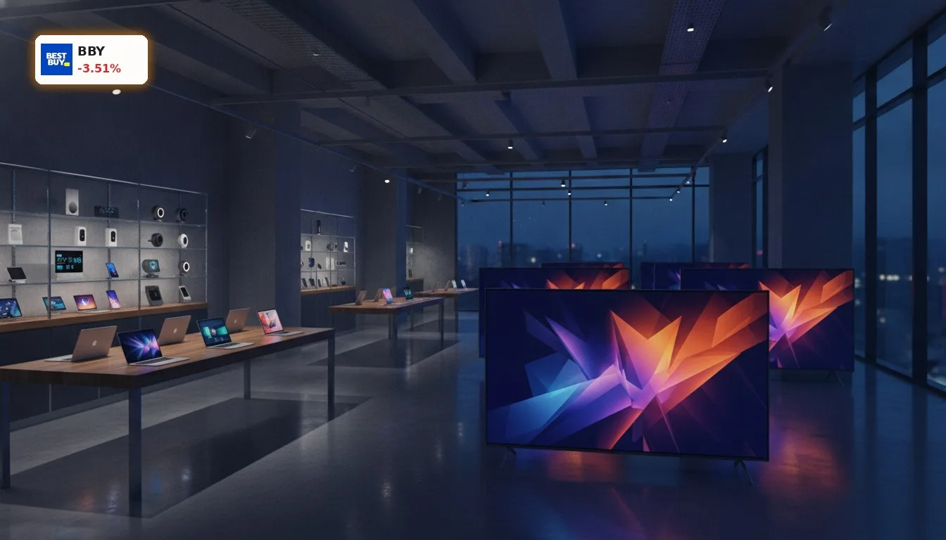 Best Buy Quartal: -3.5% Schock trotz starker Zahlen und Prognose-Anhebung 3 Modernes Elektronikgeschäft bei Dämmerung, gefüllt mit Computern und Fernsehern, repräsentiert Best Buy Quartal.