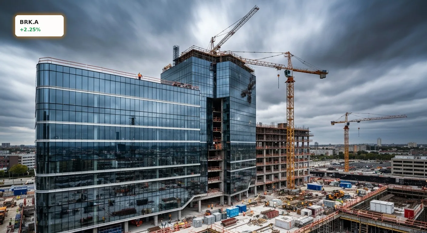 Moderne Finanzgebäude im Bau, Kräne symbolisieren Expansion und Wachstum von Berkshire Hathaway Quartal.