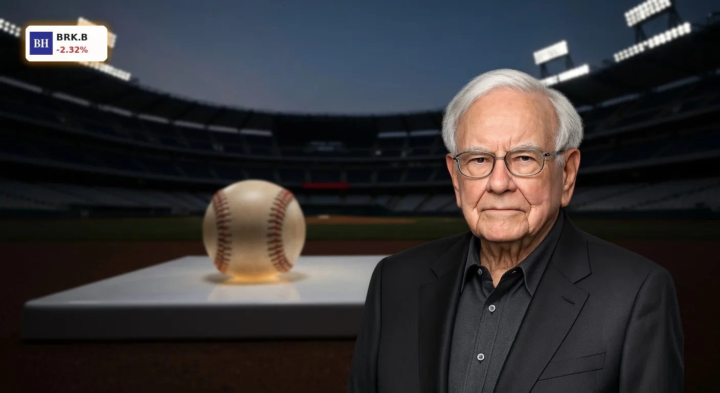 Ein perfekt platzierter Baseball auf der Home Plate in einem leeren Stadion, symbolisiert Berkshire Hathaway Michael Burry.