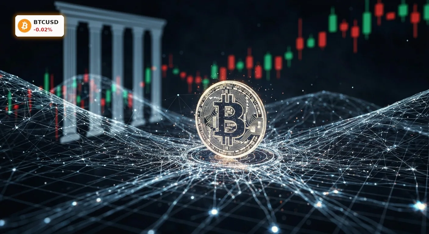 Digitales Bitcoin-Symbol im Zentrum eines komplexen Netzwerks aus Datenströmen und KI-Pfaden, das den Bitcoin Markt und seine Einflüsse darstellt.