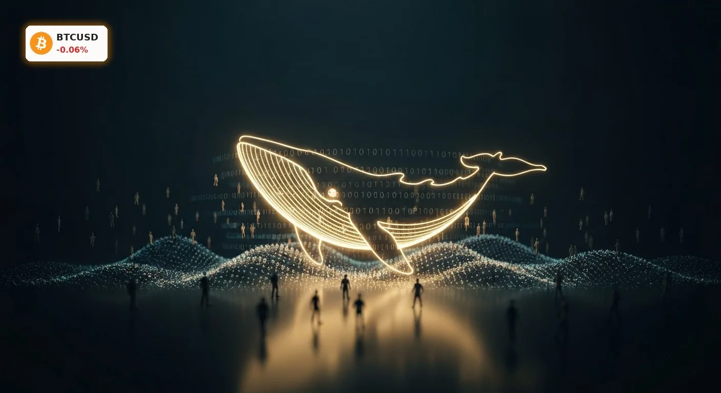Bitcoin Nachrichten: Eine große goldene Wal-Silhouette steigt aus digitalen Wellen auf, während kleine Figuren im Hintergrund fliehen.