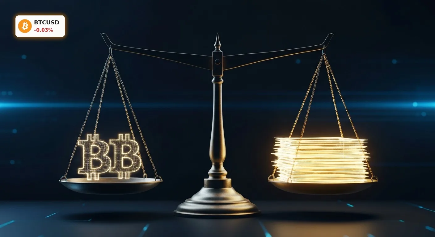 Eine futuristische Waage, die Bitcoin-Symbole gegen gestapelte, leuchtende Regulierungsdokumente abwägt, symbolisiert Bitcoin Regulierung.