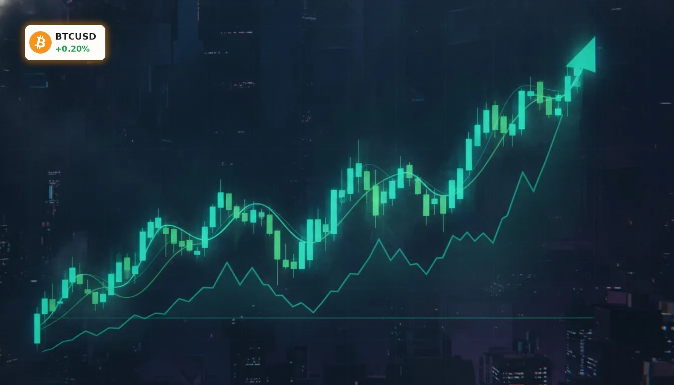 Stilisierter Candlestick-Chart mit leuchtend grünen Kerzen, der eine starke Bitcoin Rallye und einen Aufwärtstrend zeigt.