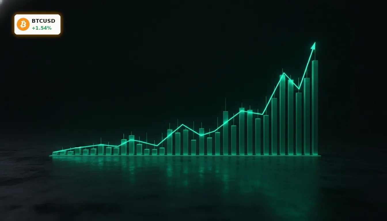 Stilisierter Candlestick-Chart mit leuchtend grünen Balken, der eine starke Bitcoin Rallye und einen Kursanstieg darstellt.
