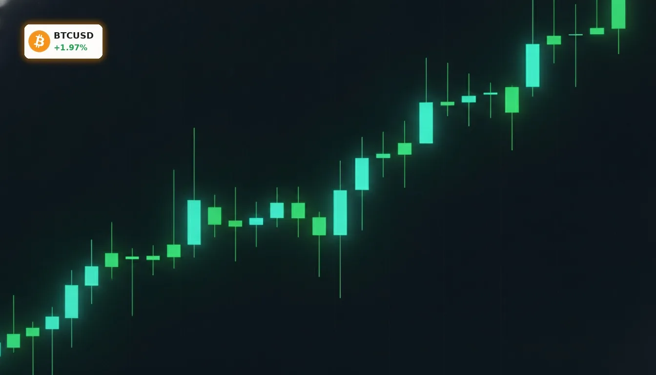 Stilisierter grüner Candlestick-Chart, der den starken Anstieg des Bitcoin Kurses auf 80.000 $ darstellt.
