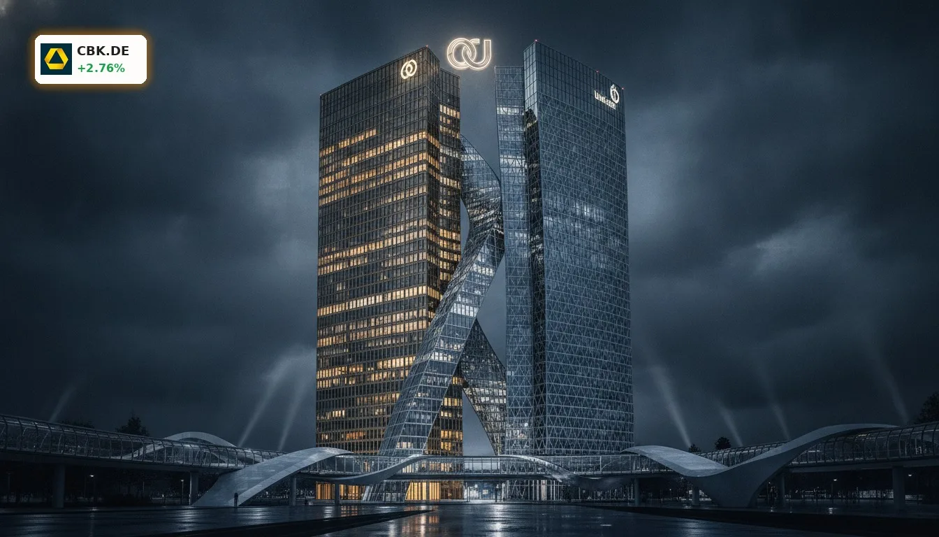 Zwei moderne Bankgebäude, die sich symbolisch verbinden, stellen eine potenzielle Commerzbank Übernahme dar.