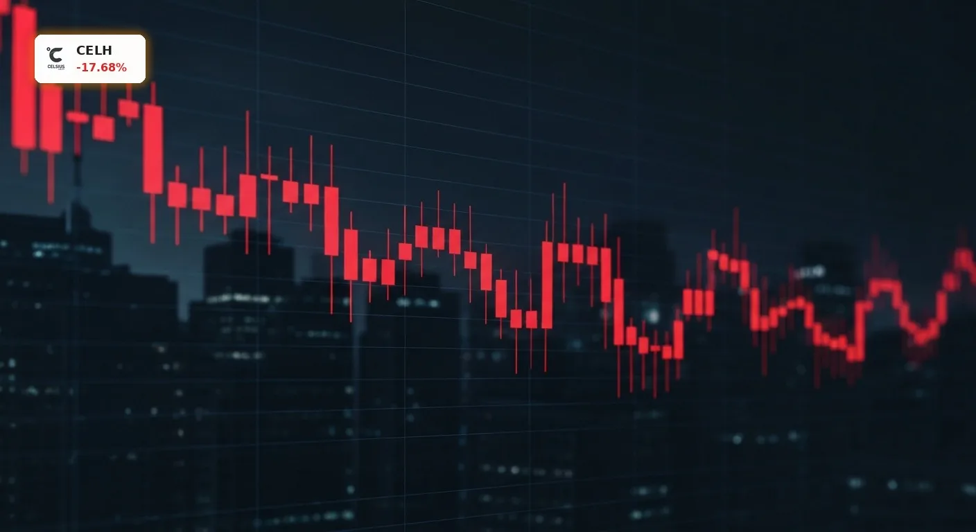 Celsius Quartal: Aktie bricht nach enttäuschenden Zahlen um 18% ein 3 Stilisierter roter Candlestick-Chart zeigt deutlichen Kursrückgang nach Celsius Quartal. Dunkle, cineastische Stimmung.