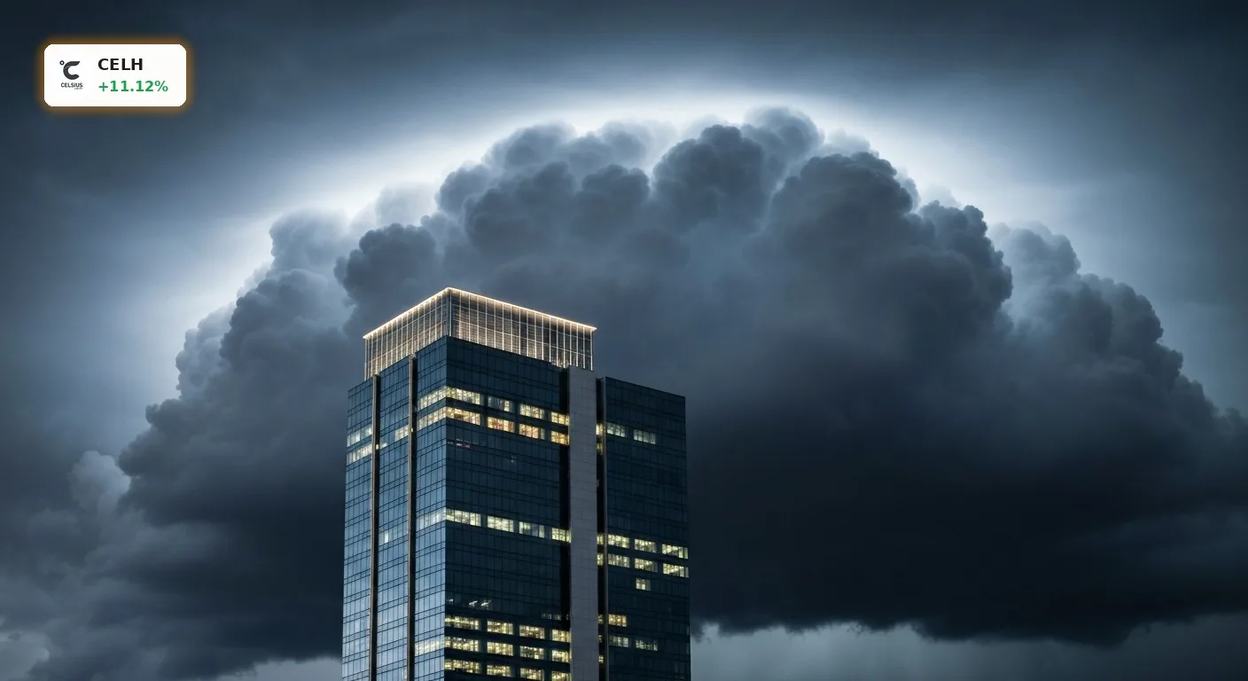 Dramatische Sturmwolken über einem modernen Firmengebäude symbolisieren den Druck auf das Celsius Holdings Management.