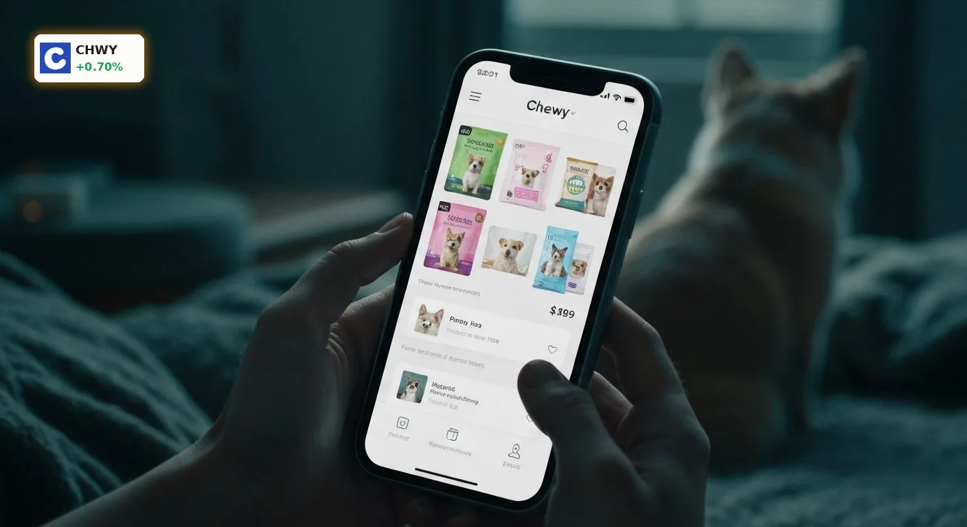 Chewy CEO Aktienverkauf: Sumit Singh veräußert Anteile im Wert von 1,9 Millionen Dollar 3 Anonyme Hände halten ein Smartphone mit der Chewy-App, die Tierfutter und Zubehör anzeigt, im Kontext des Chewy CEO Aktienverkaufs.