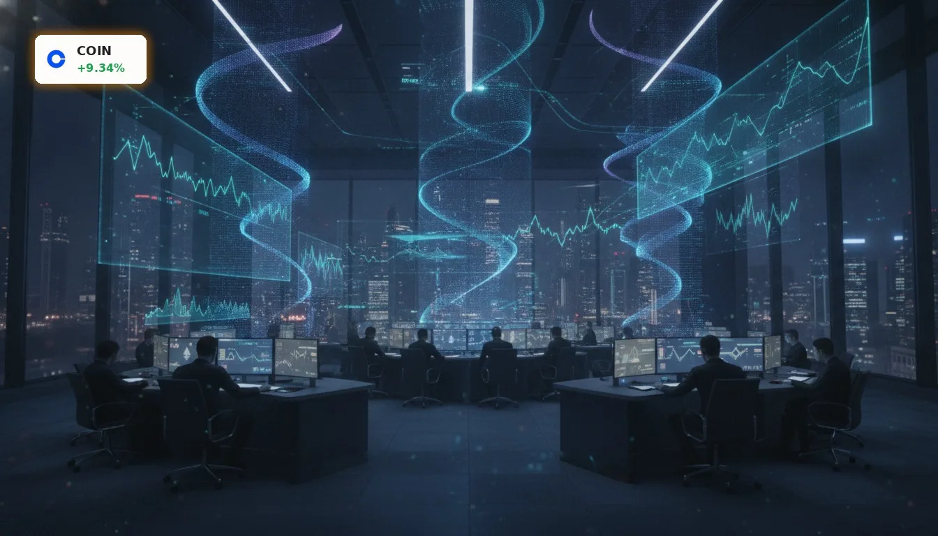 Coinbase Kryptomarkt +9,3%: Trump-Pläne und Bitcoin-Rallye treiben Aktie 4 Dynamischer Kryptowährungshandelsraum bei Nacht mit futuristischen Displays, symbolisiert den Coinbase Kryptomarkt.