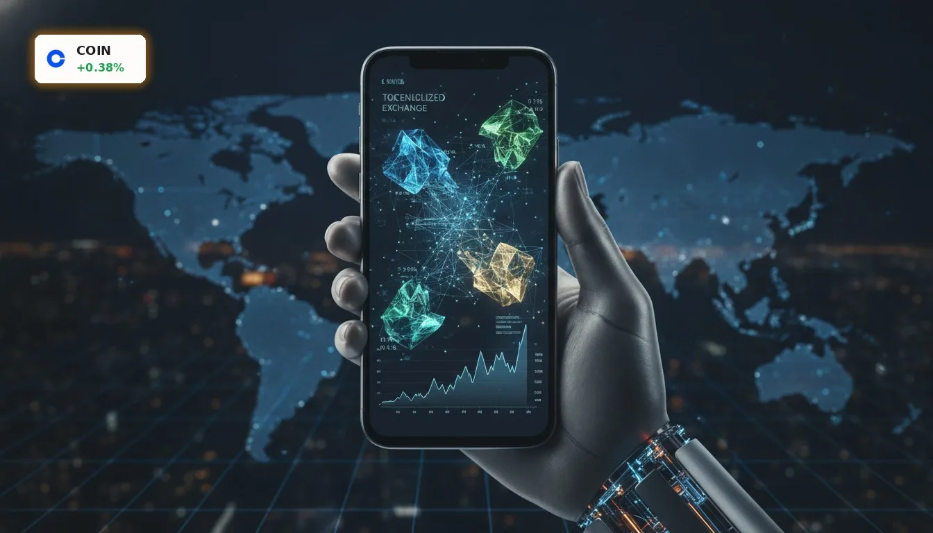 Anonyme Hand hält Smartphone mit dezentraler Börse, die Coinbase tokenisierte Aktien handelt.
