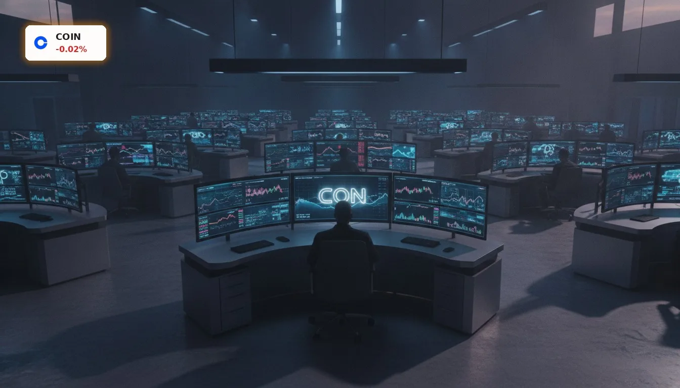 Modernes Krypto-Handelsparkett bei Dämmerung mit leuchtenden Monitoren und dem COIN-Ticker, symbolisiert Coinbase Goldman Sachs.