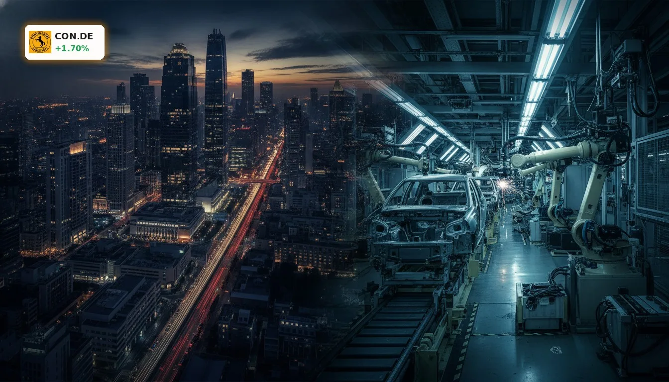 Finanzdistrikt und Automobilwerk symbolisieren die Verbindung von Investment und Industrie bei Continental Stimmrechtsanteile.