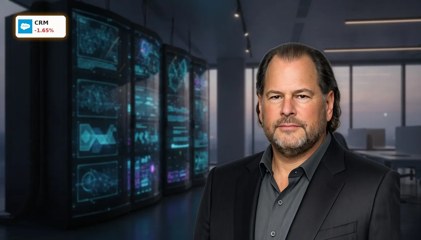 Salesforce Quartalszahlen: -1.6% trotz Rekord-Gewinn-Rallye und KI-Boom 4 Moderne Büro- oder Rechenzentrumsumgebung mit leuchtenden Bildschirmen und Datenflüssen, symbolisierend Salesforce Quartalszahlen und KI-Integration.