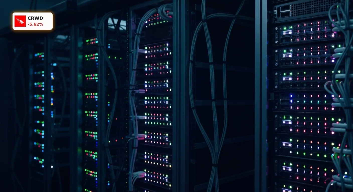 Dunkles, hochmodernes Rechenzentrum mit leuchtenden Servern, symbolisiert die Arbeit der CrowdStrike Analysten.