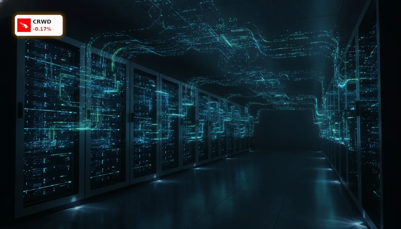 Sicheres Rechenzentrum mit leuchtenden Datenströmen, symbolisiert Cybersicherheit und die starken CrowdStrike Quartalszahlen.