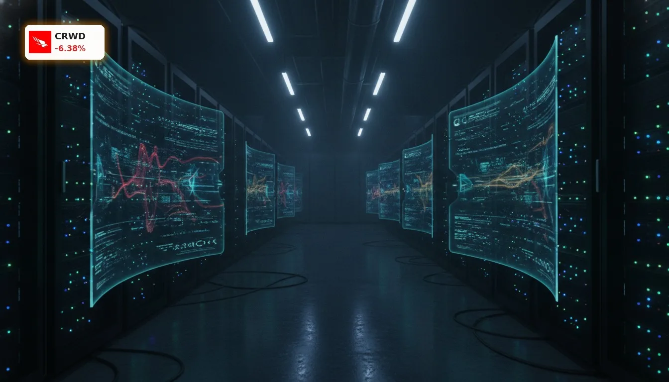 CrowdStrike Quartal: Kursziel auf $425 angehoben trotz -6,4% Kursrückgang 3 Dunkler Serverraum mit leuchtenden Bildschirmen, die Cybersicherheit und Datenströme darstellen, symbolisiert CrowdStrike Quartal.