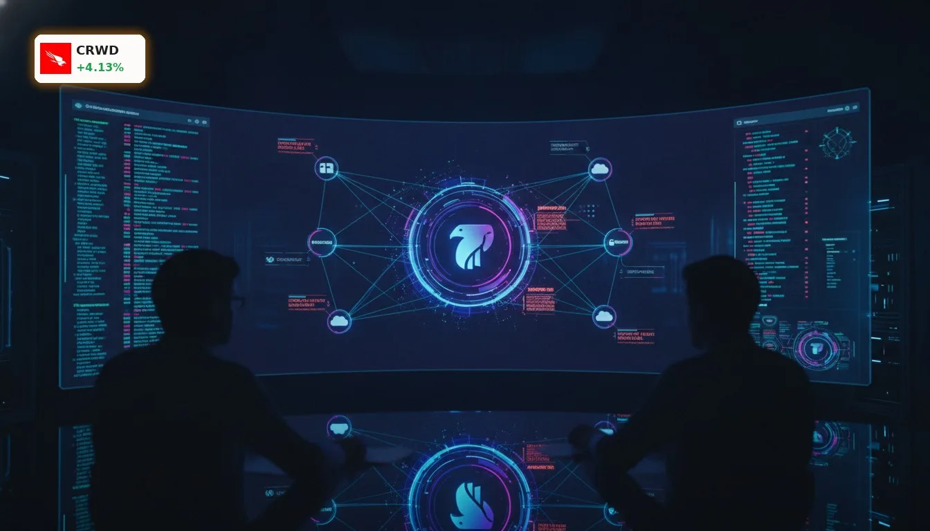 Digitales Sicherheits-Dashboard mit Netzwerkkarte und Datenvisualisierungen, symbolisiert CrowdStrike Partnerschaften und KI-Schutz.