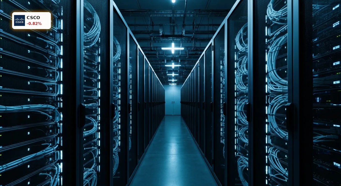 Modernes Rechenzentrum mit leuchtenden Server-Racks, symbolisiert den KI-Boom und die starken Cisco Quartalszahlen.