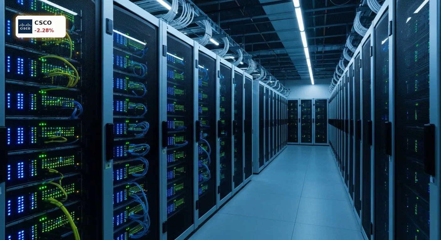Modernes Rechenzentrum mit leuchtenden Server-Racks, das die Infrastruktur hinter den Cisco Quartalszahlen und dem KI-Boom symbolisiert.