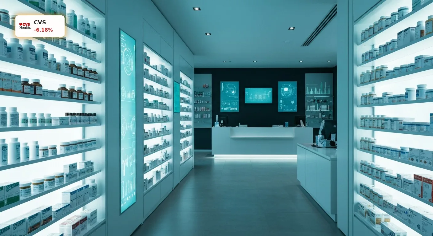Moderne Apotheke mit beleuchteten Regalen und Beratungsschalter, symbolisiert die CVS Health Prognose und Gesundheitsdienstleistungen.
