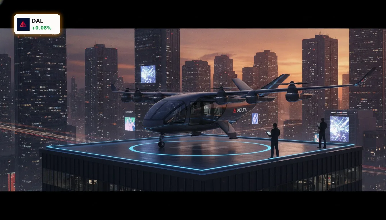 Delta Air Lines Partnerschaft: Strategische Allianz für Luft-Ride-Sharing 2 Futuristisches eVTOL-Flugzeug mit Delta Air Lines Partnerschafts-Branding landet auf einem Dachlandeplatz in einer Stadt bei Dämmerung.