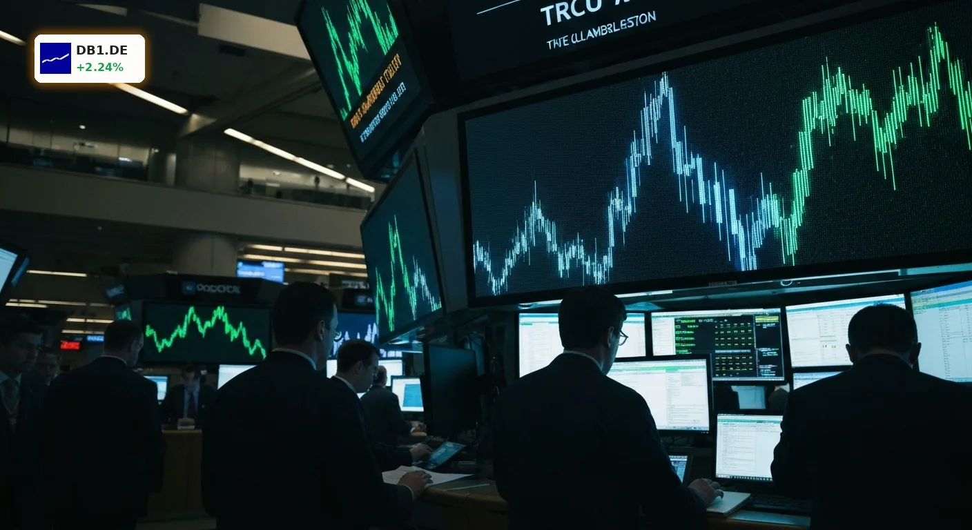 Dynamischer Handelssaal einer Börse bei Dämmerung, der das lebhafte Deutsche Börse Scale-Segment symbolisiert.