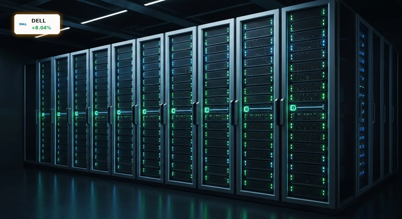 Dell Technologies KI-Server: +8% Boom dank Milliarden-Deals und starker Nachfrage 2 Moderner Dell Technologies KI-Server-Rack in einem dunklen Rechenzentrum, blau beleuchtet.