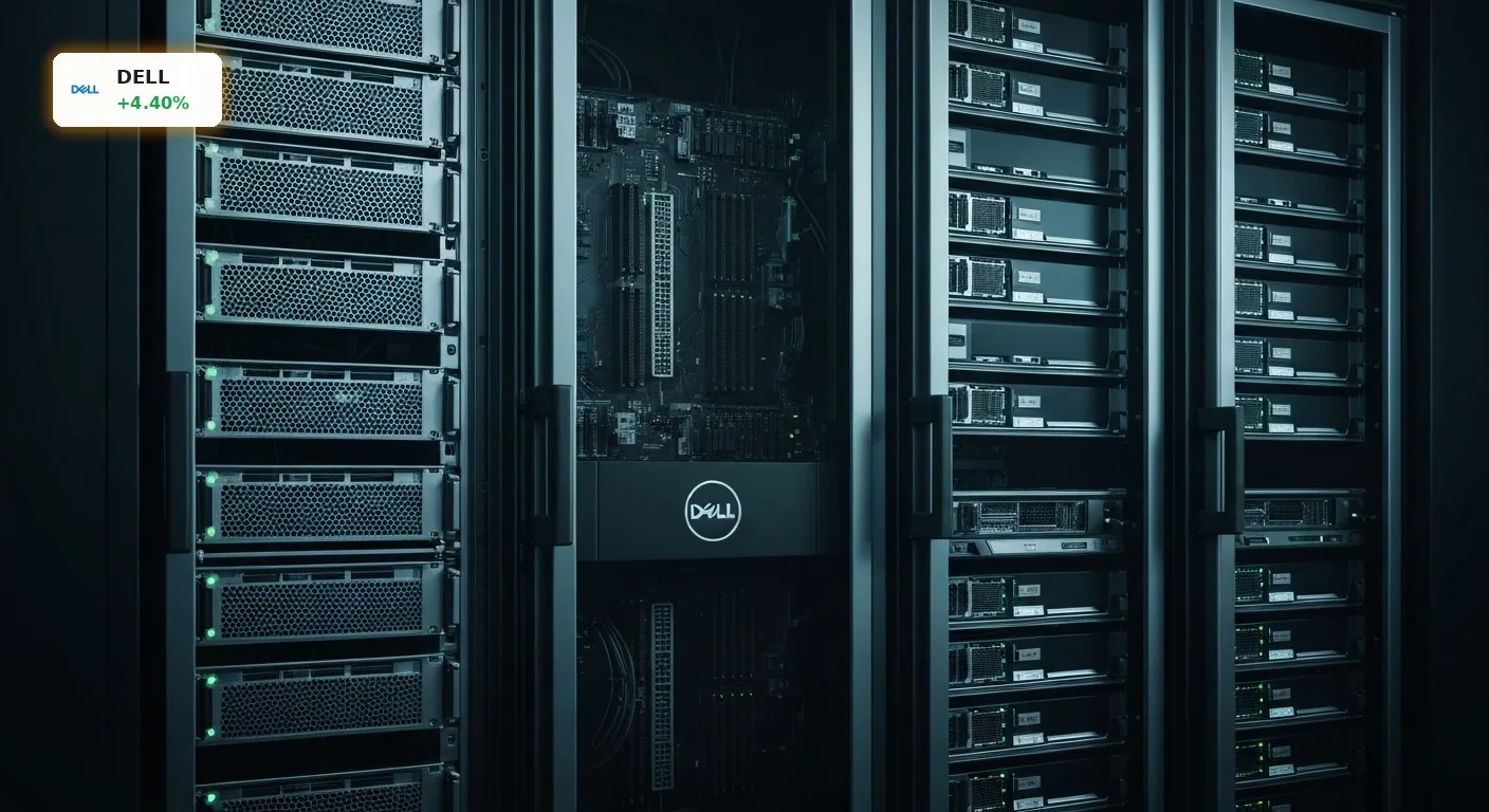 Dell KI-Server: Lenovo-Zahlen beflügeln Boom um 4,4% 4 Futuristischer Dell KI-Server-Rack in einem dunklen Rechenzentrum, beleuchtet von blauen Lichtern.