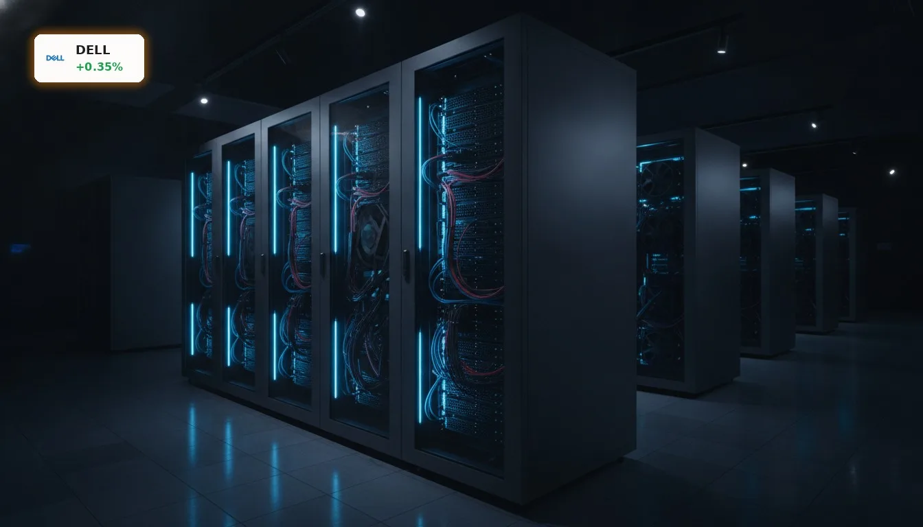 Dell Quartalszahlen: KI-Boom treibt Aktie – Was Anleger wissen müssen 4 High-performance Dell KI-Server-Rack in einem Rechenzentrum, beleuchtet, symbolisiert Dell Quartalszahlen und KI-Wachstum.