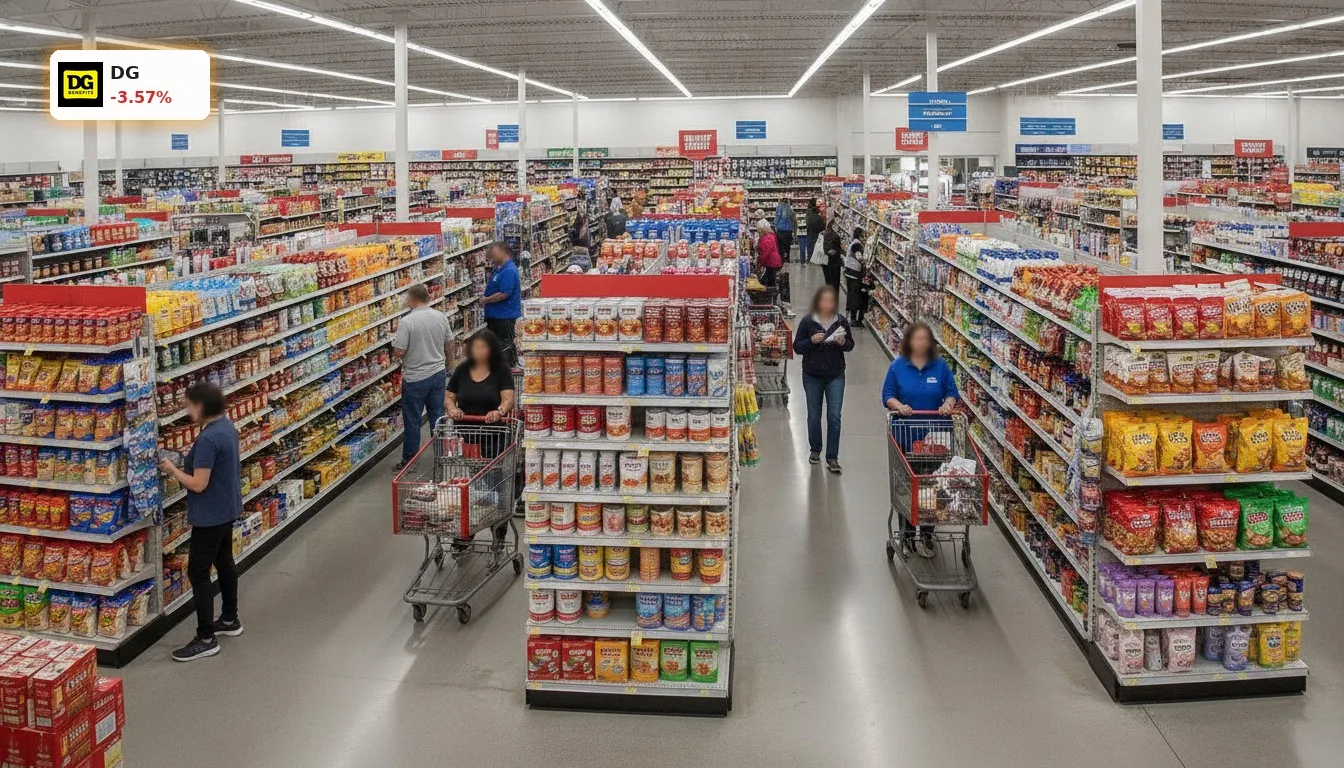Kunden kaufen in einem gut gefüllten Dollar General Store ein, der trotz starker Zahlen einen Rückgang im Dollar General Quartal verzeichnet.