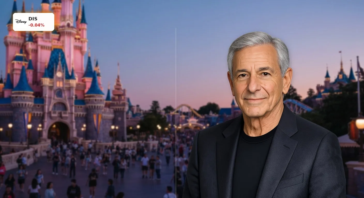 Disney Quartalszahlen: Parks und Streaming befluegeln die Aktie 3 Ein belebter Disney-Themenpark bei Sonnenuntergang mit einem magischen Schloss und leuchtenden Lichtern, der die starken Disney Quartalszahlen symbolisiert.