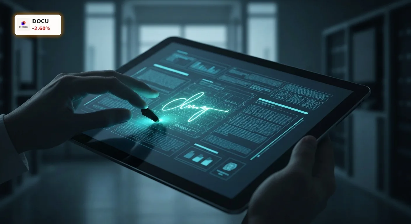 Holografische digitale Signatur auf Tablet, die einen Vertrag abschließt, symbolisiert DocuSign CFO Verkauf und digitale Transformation.