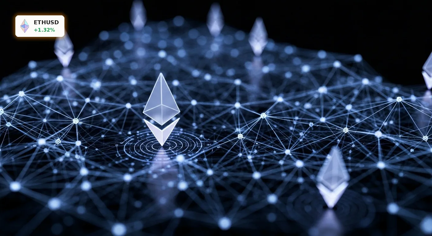 Ethereum Upgrade Hegotá: Institutionelle Akkumulation und Marktperspektiven 4 Futuristisches, leuchtendes Ethereum Blockchain-Netzwerk mit verbundenen Datenstrukturen und Lichtspuren, symbolisiert das Ethereum Upgrade.