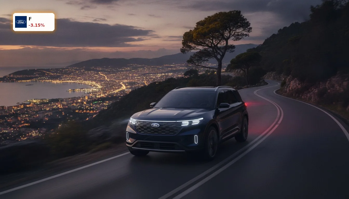 Ford Europa Strategie: -3.1% Kursrutsch trotz Partnerschafts-Fokus 3 Modernes Ford Elektroauto auf einer europäischen Straße bei Dämmerung, symbolisiert Ford Europa Strategie und Innovation.