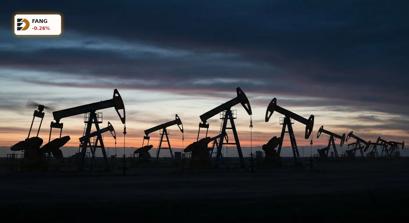 Ölfeld bei Sonnenuntergang mit Pumpen, die aktiv Öl fördern, symbolisiert den Diamondback Energy Ausblick.